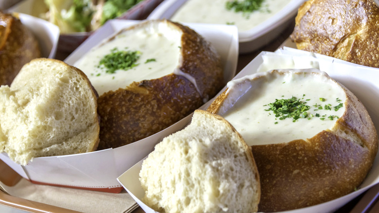 clam chowder served in a sourdough bread bowl
