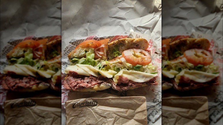 An open-faced sub from Capriotti's on a paper wrapper