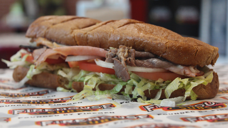 Roast beef sandwich from Firehouse Subs on a paper wrapper