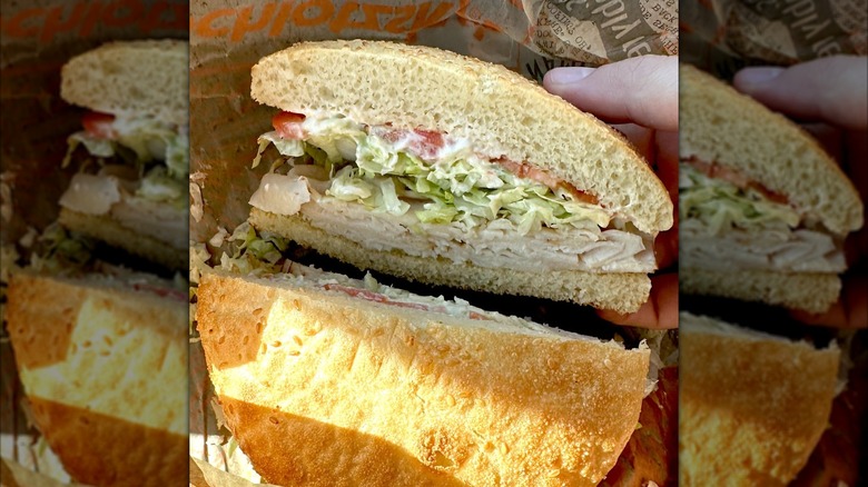 Schlotzsky's turkey sandwich cut in half