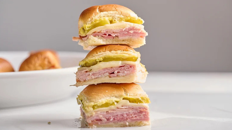 Sheet Pan Cuban Sliders stacked on top of each other