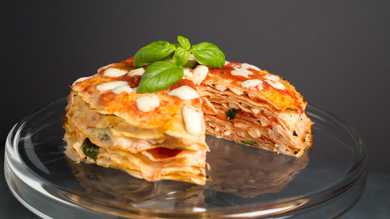 crepe cake on cake stand