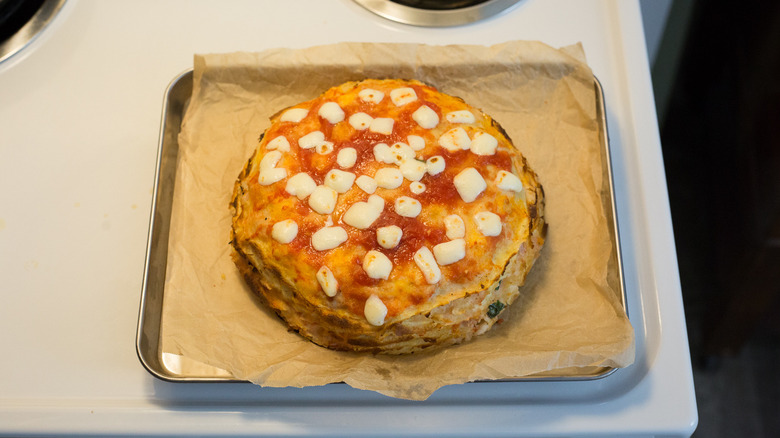 crepe cake on baking sheet