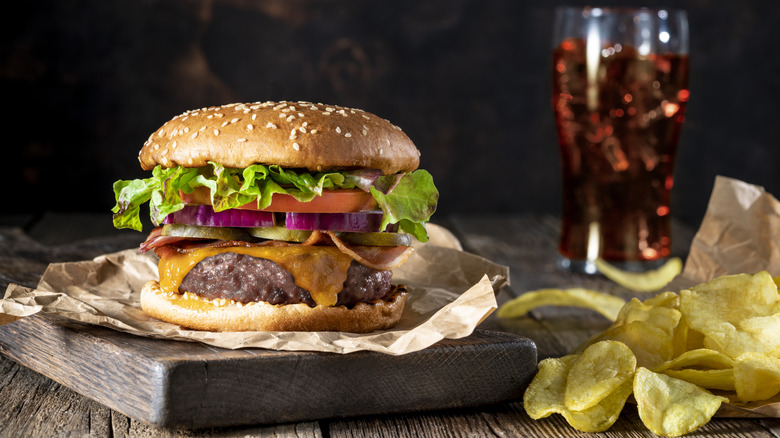 A burger with potato chips on the side