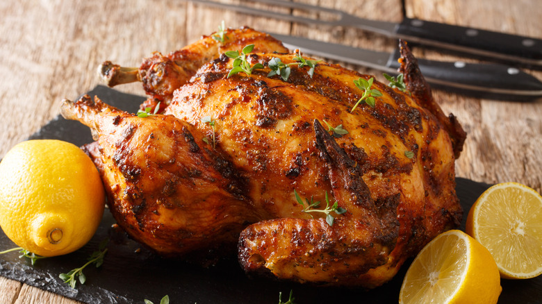 A whole roasted chicken on a cutting board with fresh herbs and lemon