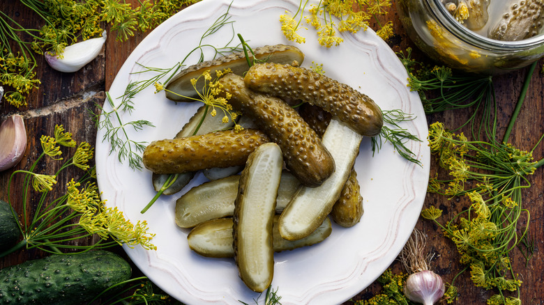 Dill Pickles on a White Plate