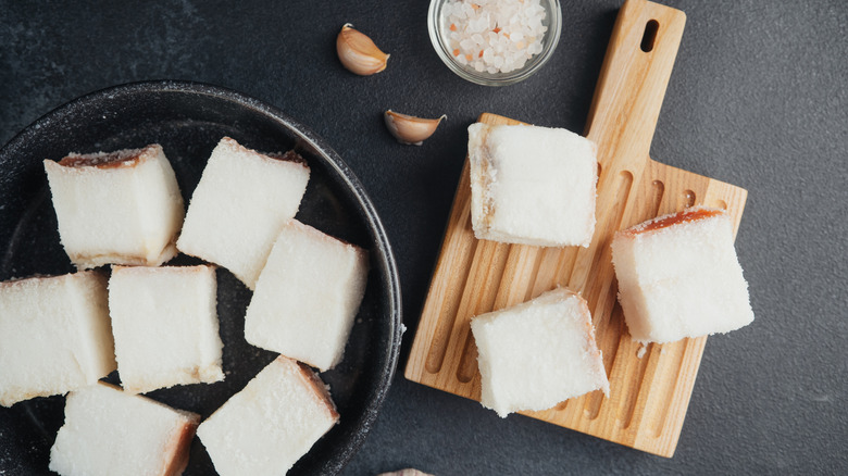 Lard squares in a cooking pan