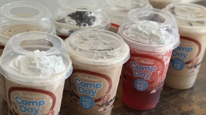 Close up of several Tim Hortons drinks