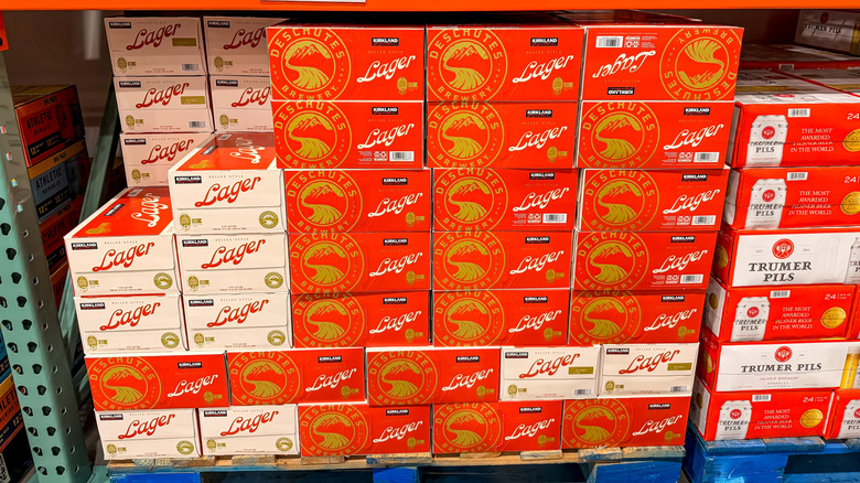 stacked boxes of Kirkland Signature lager for sale at Costco
