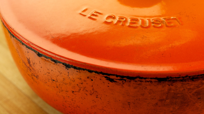 Close-up of worn Le Creuset Dutch oven