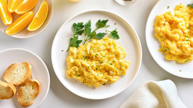scrambled eggs and breakfast on table