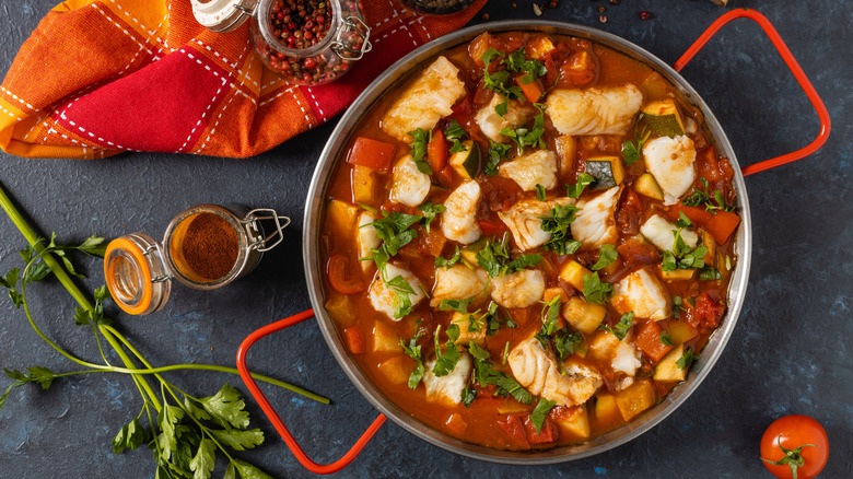 Top view of a traditional Portuguese fish stew