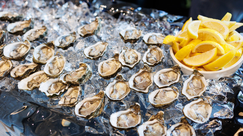 Oysters on the half shell nestled into an ice block with lemon wedges