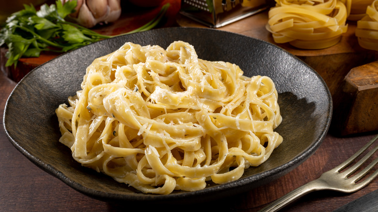 top view of a plate of fettuccine Alfredo