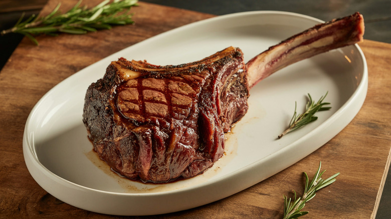 a grilled tomahawk steak on a white platter