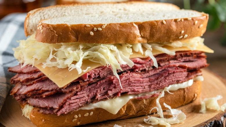 reuben sandwich on wood
