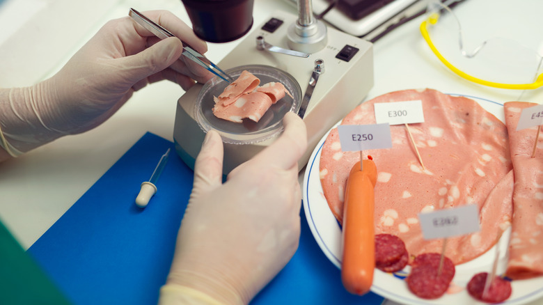 A scientist, wearing gloves, tests cured meat products: mortadella, hot dogs, salami