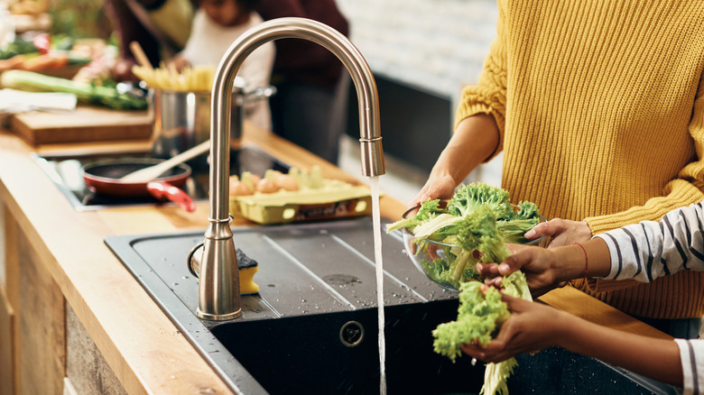 Mother and son washing lettuce