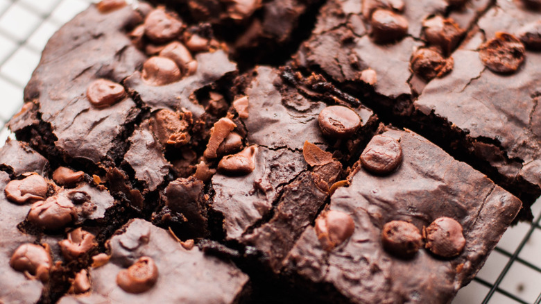 Chocolate brownies on wire rack