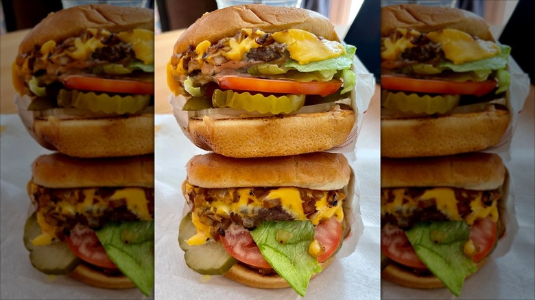 Two cheeseburgers stacked animal style