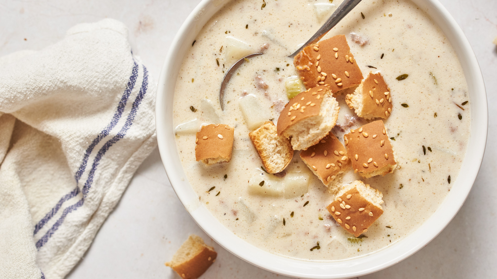 Sesame Seed Bun Croutons Are The Added Touch Cheeseburger Soup Needs