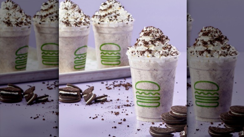 Shake Shack's cookies and cream milkshakes on purple background