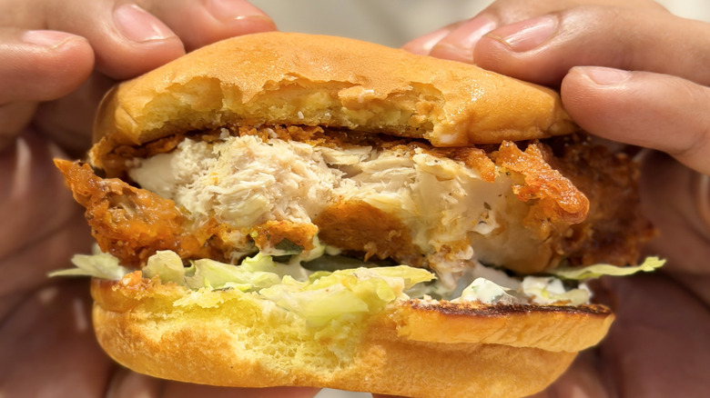 Person holding a fried chicken sandwich