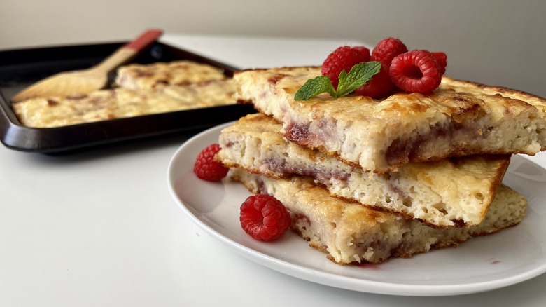 square pancakes with raspberries