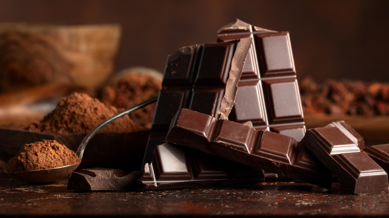 display of dark chocolate bars, broken up, with cocoa besides in a spoon
