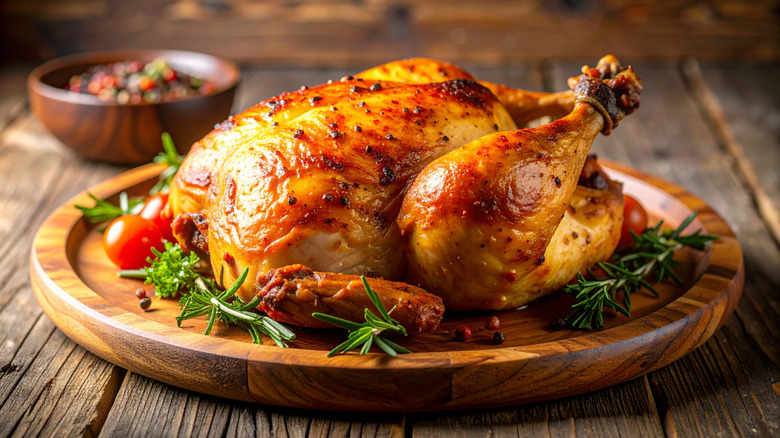 Roasted chicken with sprigs of rosemary on wooden plate