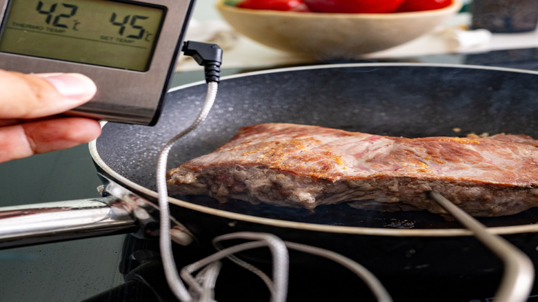 hand holding a digital probe themometer next to a skillet containing a steak, on an induction cooktop, with a bowl of tomatoes visible in the background