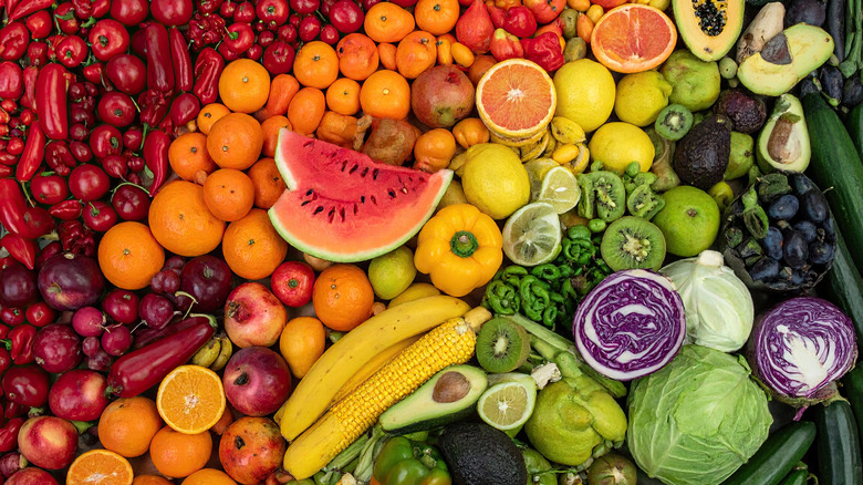 Top view of fresh produce on display at a grocers