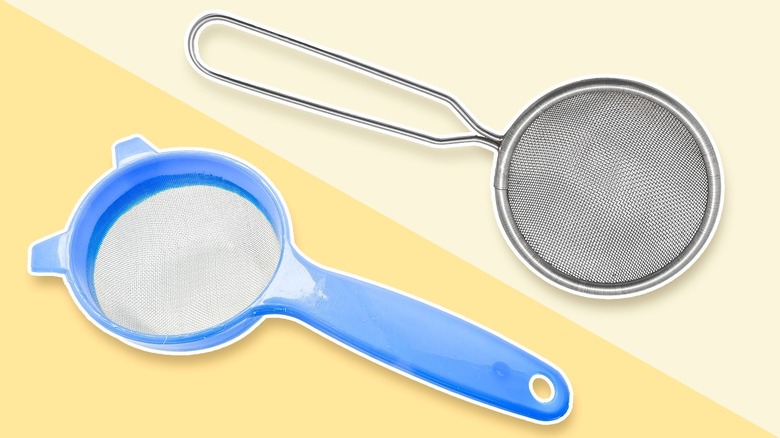 Sieve next to Strainer on yellow background
