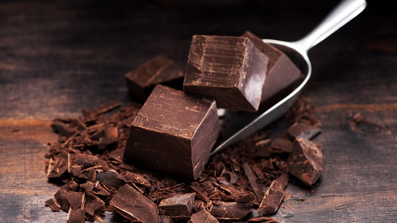 Pieces dark chocolate on metal scoop