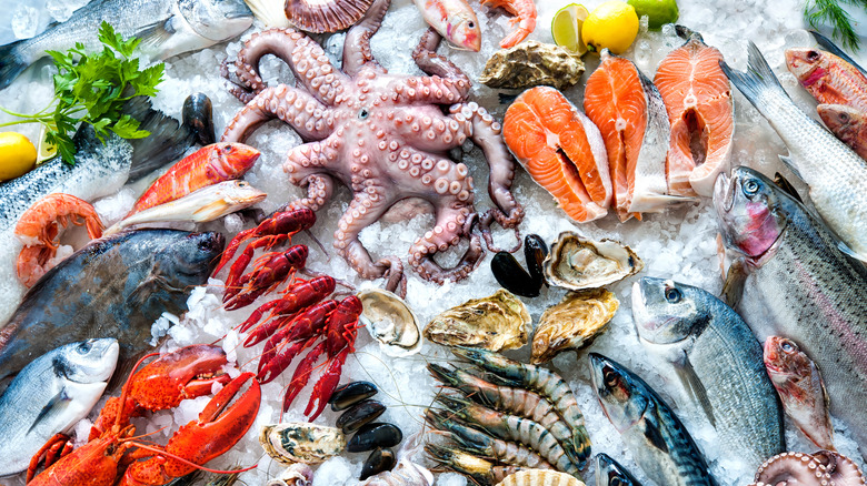 different types of seafood on ice