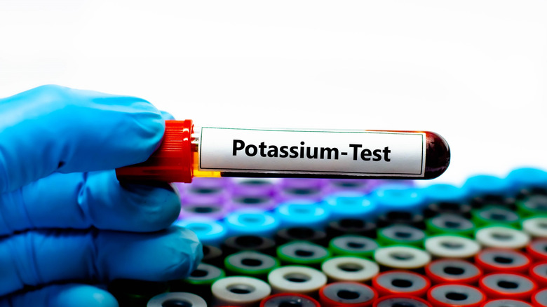 A gloved hand holds a beaker labeled "potassium - test"