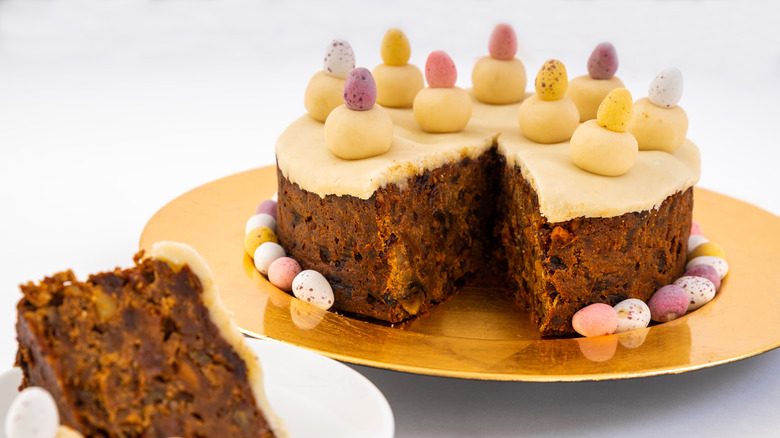 Simnel cake with candy eggs