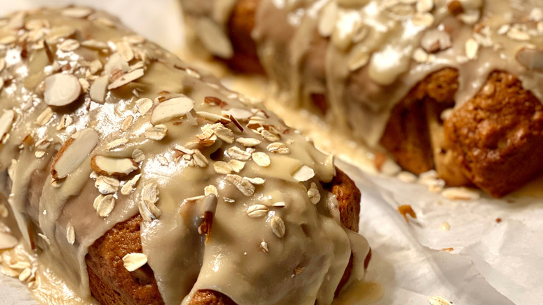 banana bread with glaze and almonds