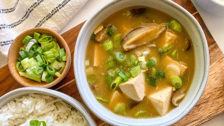 miso soup with rice and scallions