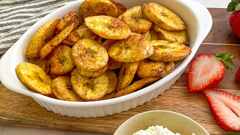 plantains in oval white dish