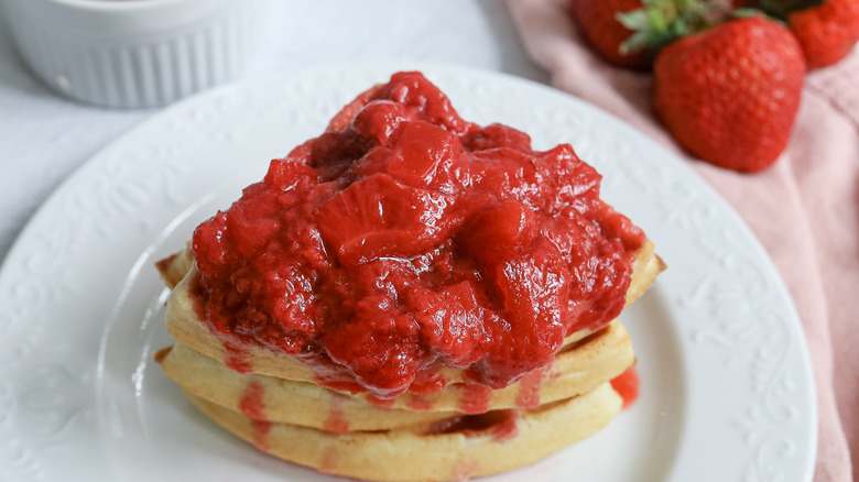 strawberry compote on waffles