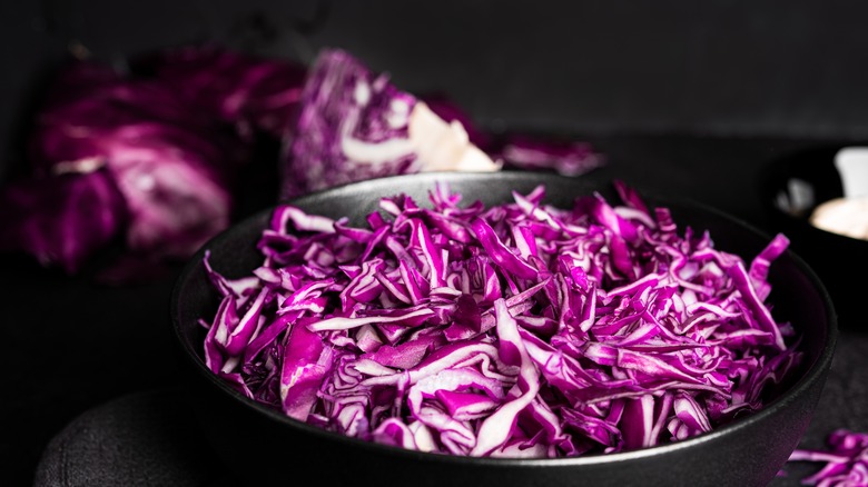 Shredded red cabbage in a bowl