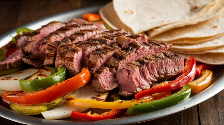 cooked steak fajitas on metal platter