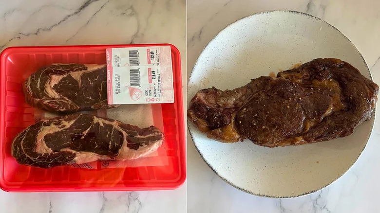 A package of two ribeye steaks from H Mart, posed against one of the steaks once it had been cooked and placed on a white plate