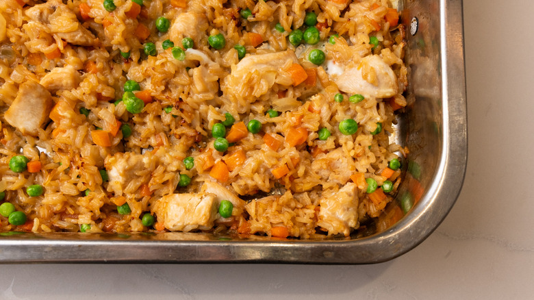 Close up of chicken fried rice in sheet pan