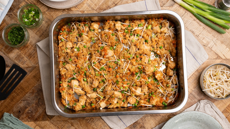 Chicken fried rice in sheet pan