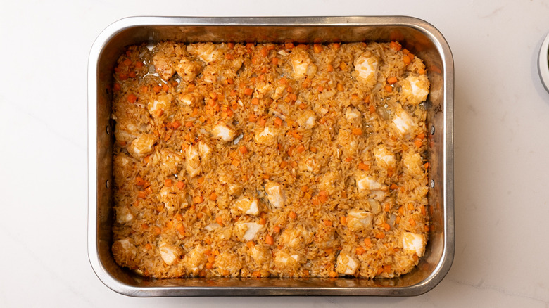 Oven baked fried rice mixture on sheet pan