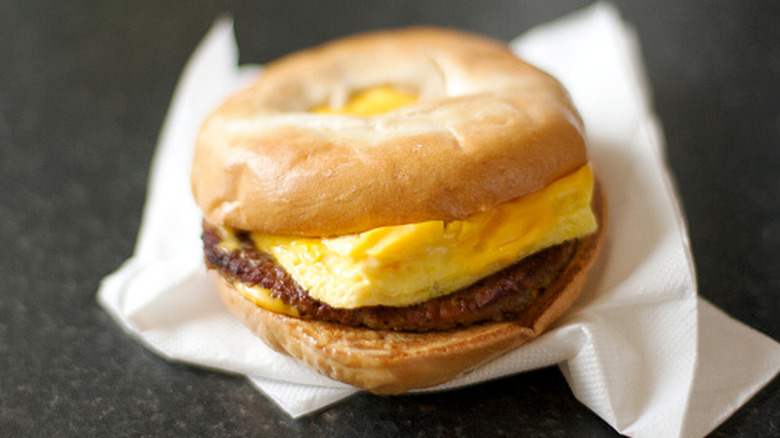 Breakfast sandwich with sausage and egg