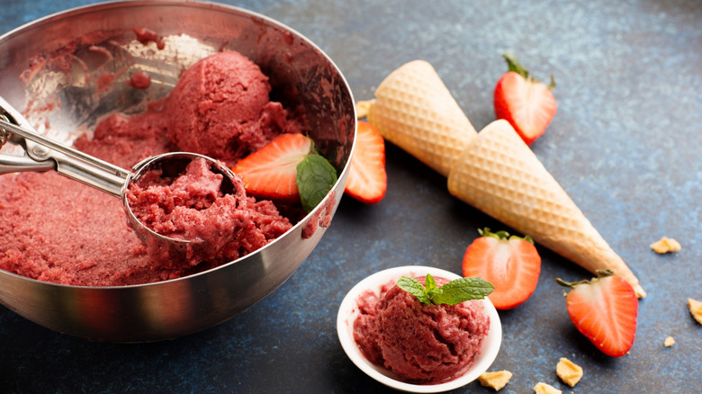 A bowl of homemade strawberry sorbet