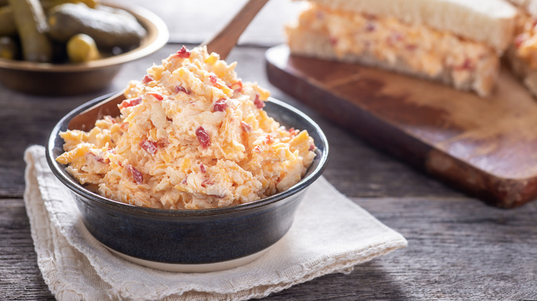 Pimento cheese in a dark bowl